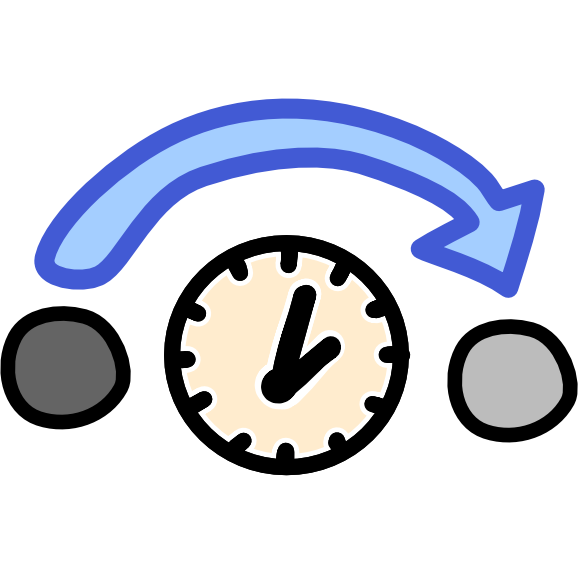 an off white clock, with a dark grey circle to the left and a light grey circle to the right. Above this arrangement is a curved blue arrow pointing from the dark gray circle to the light grey circle.